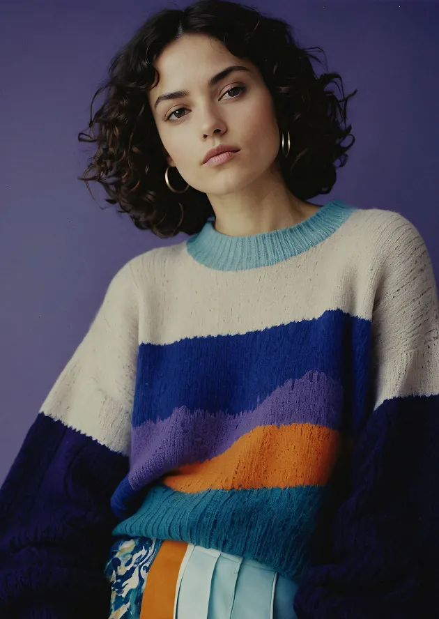 Young woman with curly dark hair wearing hoop earrings, a multicolored knit sweater with blue, purple, orange, and teal stripes, and a pleated skirt with floral and color-block patterns, against a purple background.