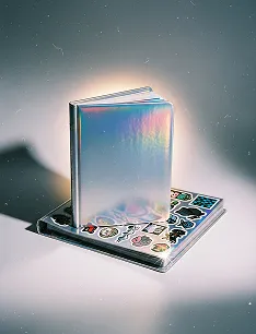 Holographic closed book standing on a flat surface with a collection of colorful stickers beneath it.