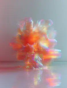 Abstract colorful light sculpture with horizontal glitch effect on a reflective surface.