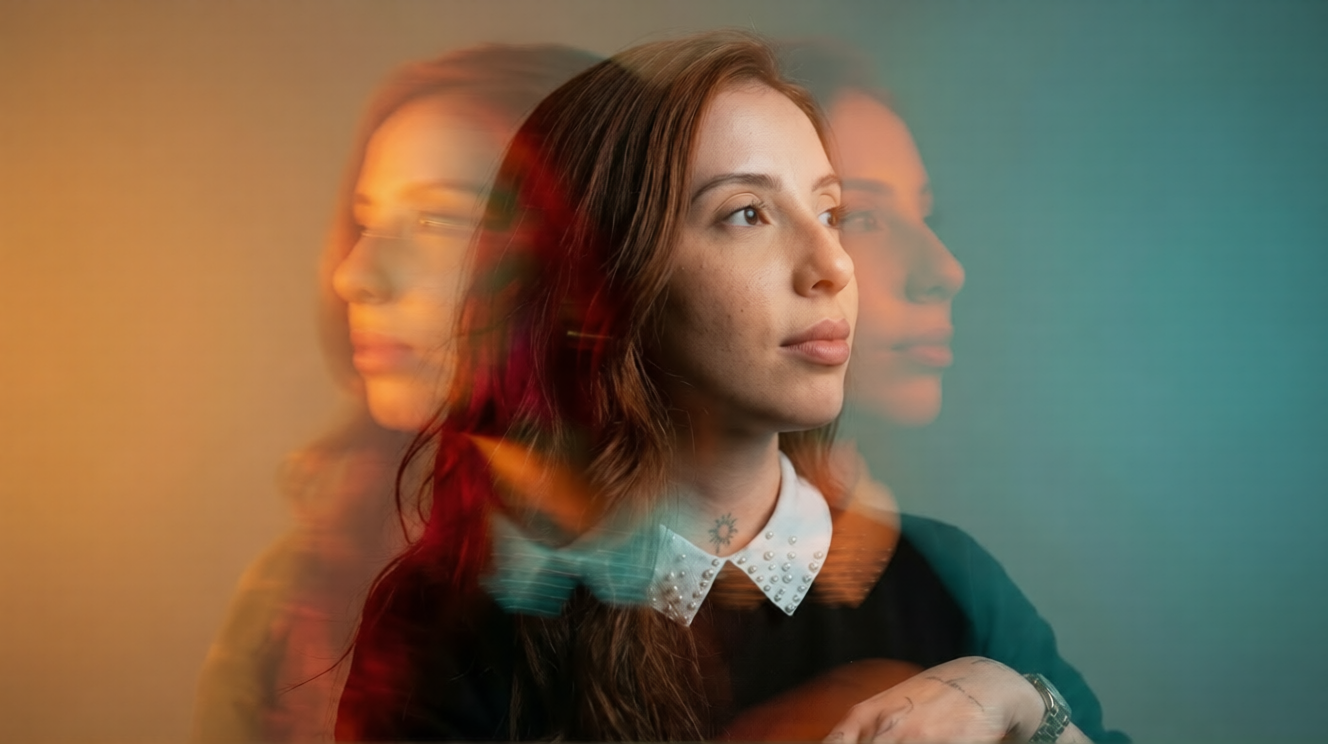 Woman wearing a cap and jacket with a motion blur effect creating ghosted profiles on a split yellow and teal background.